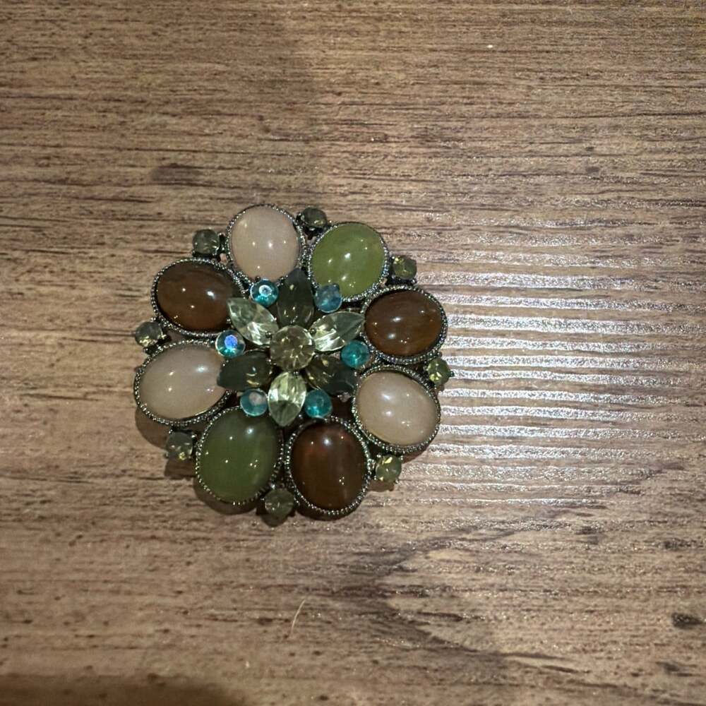 Vintage Green Brown Rhinestone Lucite Faceted Brooch Pin Necklace Pendant